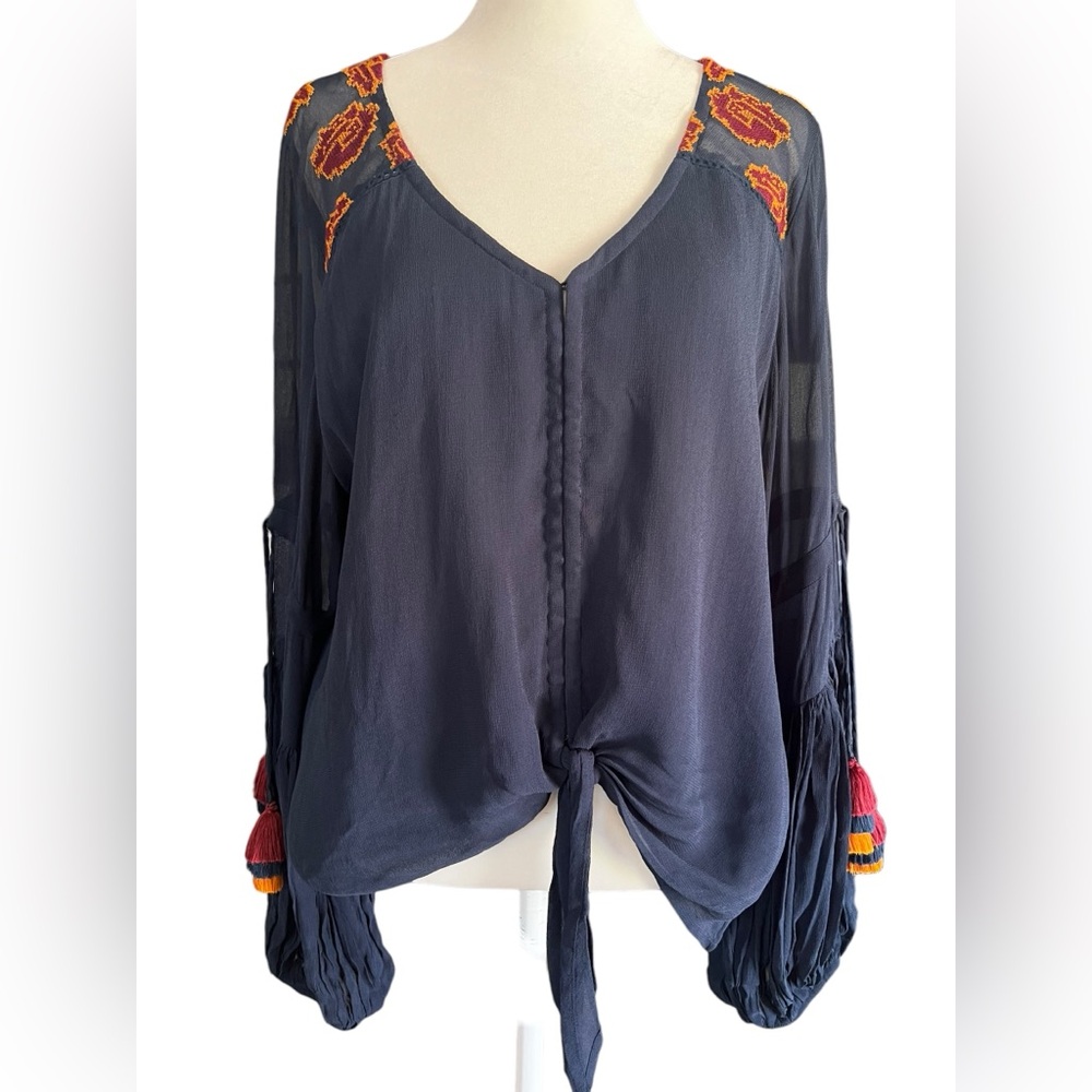 ANTHROPOLOGIE x Chloe Oliver Boho Embroidered Navy Blue Blouse Tassels Small